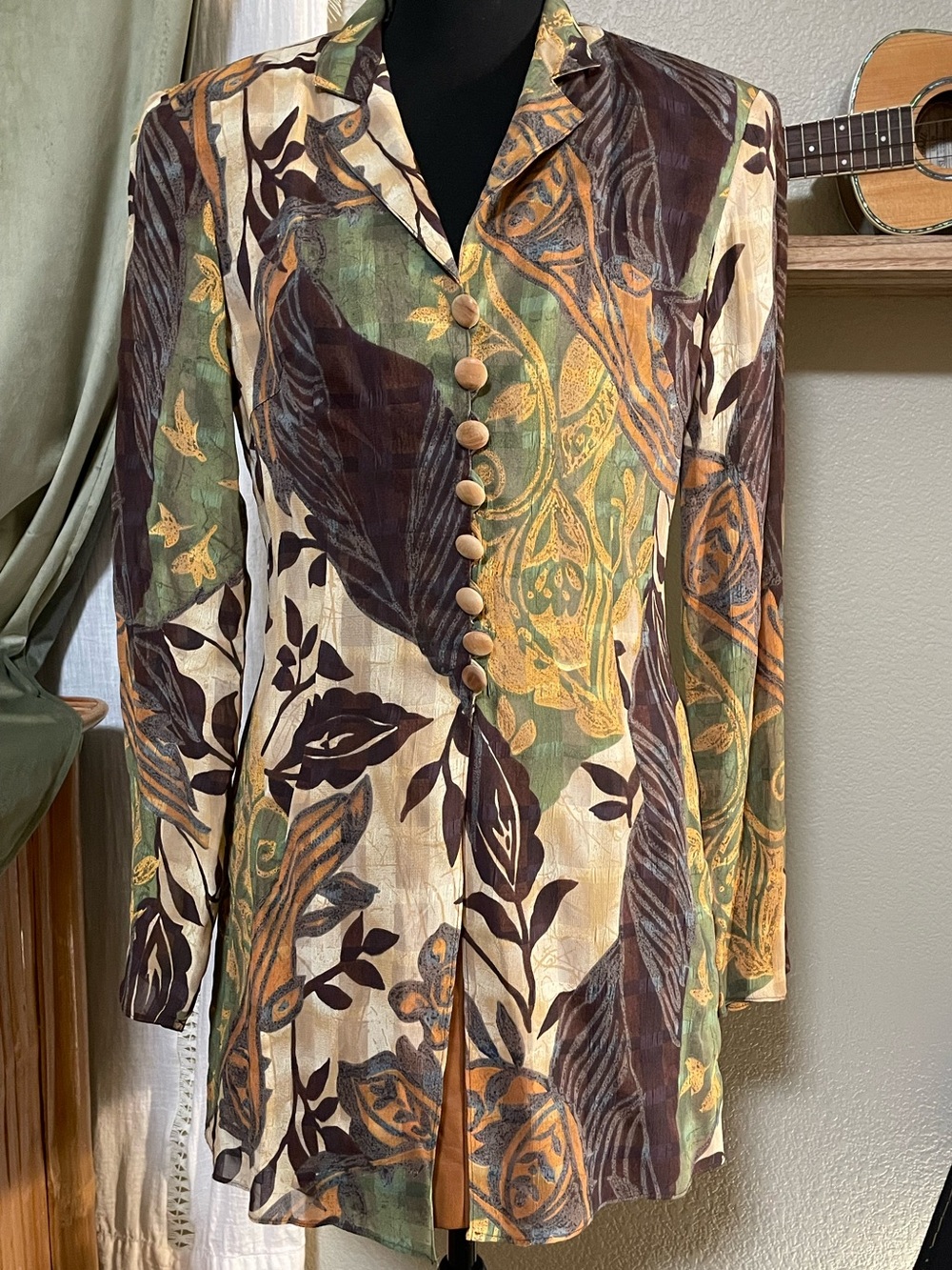 Sheer 80s 90s Green Brown Cream Floral Print Button-Front Long Sleeve Tunic